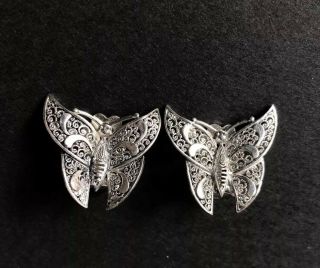 Vintage Alice Caviness Germany Sterling Silver Filigree Butterfly Clip Earrings