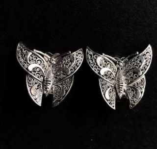 Vintage Alice Caviness Germany Sterling Silver Filigree Butterfly Clip Earrings 3