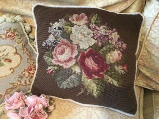 Adorable Vintage Pillow Needlepoint Brown With Pink Roses E