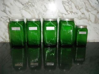 Vintage Green Owens Illinois Depression Glass Canister Set