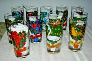 Vintage Set 12 Days Of Christmas Glasses,  Indiana Glass With Box