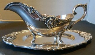 Vintage Wallace Rose Point Pattern Silverplate Footed Gravy Boat & Tray Look