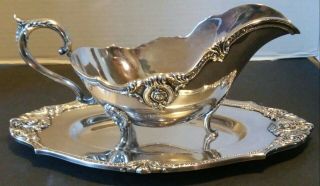 Vintage WALLACE ROSE POINT PATTERN SILVERPLATE Footed GRAVY BOAT & TRAY LOOK 3