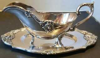 Vintage WALLACE ROSE POINT PATTERN SILVERPLATE Footed GRAVY BOAT & TRAY LOOK 5