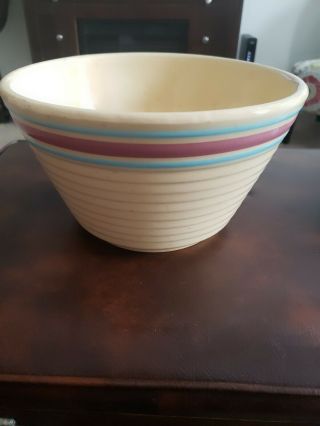 Vintage Watt Pottery Oven Ware 9 Mixing Bowl Pink & Blue Bands Striped Usa