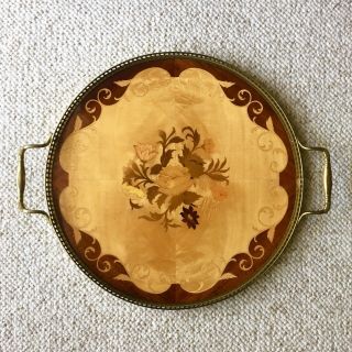 Vintage Mid Century Inlaid Wood Serving Tray Ornate Brass Handle Filigree Vanity