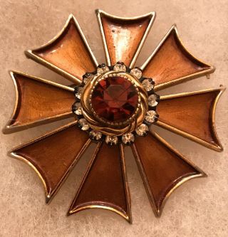 Har Signed Vintage Pin Brooch 60s Maltese Cross Gold Tone Brown Amber Rhinestone