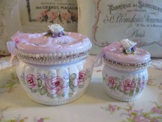 Shabby Chic Hand Painted Roses - Set Of Two - Vintage Estee Lauder Cosmetic Jars