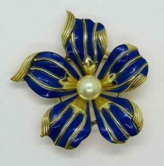 Signed Vintage Crown Trifari Blue Enamel Flower Brooch With Faux Pearl