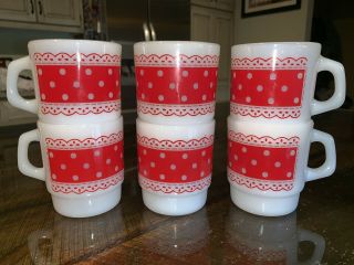 Vintage Fire - King Coffee Mugs Set Of (6) Anchor Hocking Polka Dot Lace Red White