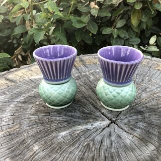 Made In Scotland Vintage Bud Vases Purple Green Highland Pottery Thistle