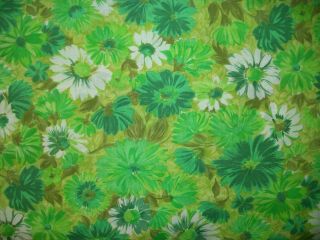 Vintage 1960s Vibrant Green Cotton Or Blend Flower Power Floral Design 2 Yards
