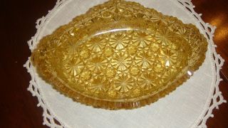 Vintage Amber Glass Condiment Dish - Pretty Pattern & Shape.  6 1/2 " Lg Perf.  Cond.