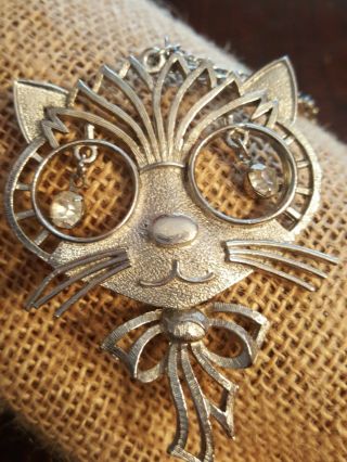 Vtg Lrg Rafaella Filigree Cat Head Pendant W/rhinestone Dangly Eyes - On Chain