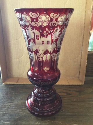 Vintage Bohemian Ruby Red Cut To Clear Glass Vase Signed Egermann - German