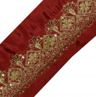 Vintage Sari Border Indian Craft Trim Hand Beaded Zardozi Satin Silk Lace Maroon