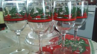 4 Libbey Holly Berry Wine/water Goblets Glasses Vintage 1980s Christmas Holiday