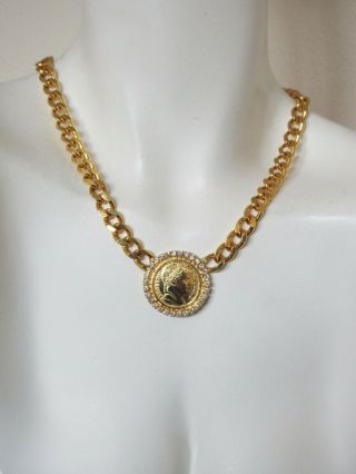 Vintage Gold Tone Rhinestone Faux French Coin Chain Necklace