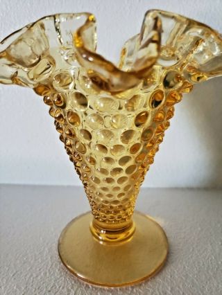 Fenton Small Vintage Hobnail Ruffled Edge Amber Color Glass Vase
