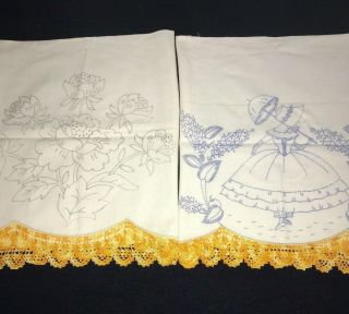 2 Vintage Tea Towels To Be Embroidered With Crocheted Edges