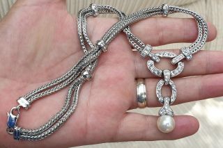 Vintage Signed Ciro Jewellery Crystal Rhinestone & Pearl Dropper Silver Necklace