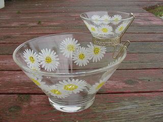 Mid Century Modern Vintage White Yellow Daisy Chip And Dip Set Anchor Hocking