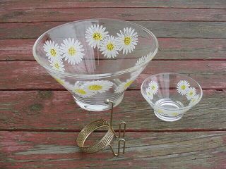 Mid Century Modern Vintage White Yellow Daisy Chip And Dip Set Anchor Hocking 5