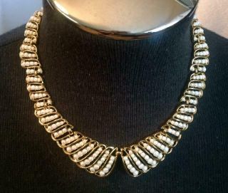 Vintage Trifari Gold Tone Faux Pearl Weave Collar Necklace