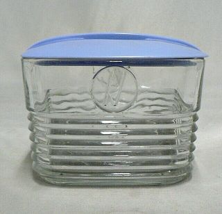 Vintage Clear Glass Square Refrigerator Jar With Blue Plastic Lid