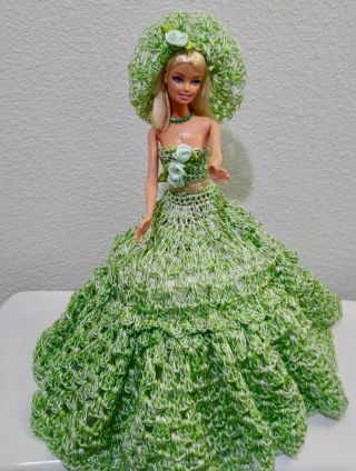 Vintage Fashion Doll Toilet Roll Cover W/ Green Crochet Dress & Hat 11.  5 "