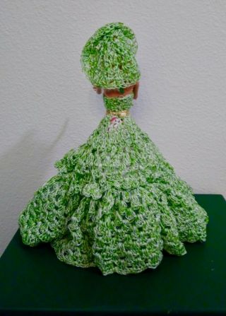 Vintage Fashion Doll Toilet Roll Cover w/ Green Crochet Dress & Hat 11.  5 