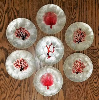 7 Vintage Capiz Shell Plates With Red Coral Designs Ocean Nautical Sea Fan 5.  8 "