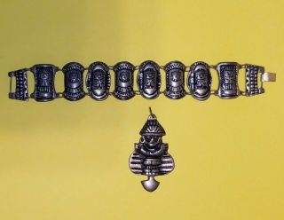 Vtg Peruvian Silver Tone Link Bracelet & Pendant Set