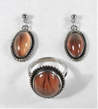Unsigned - Sterling Silver Tiger Eye Earrings & Ring Set - Size 6 1/4 - Vintage