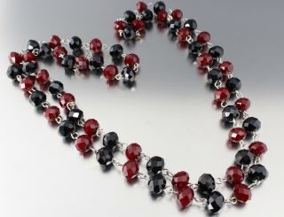 Vintage 60’s Red & Black Crystal Glass Rondelle Bead Long Necklace