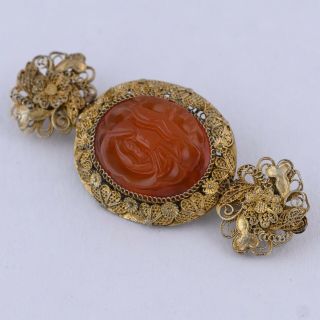 Vintage Chinese Sterling Silver Filigree Carved Carnelian Brooch Pin