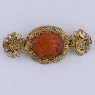 VINTAGE CHINESE STERLING SILVER FILIGREE CARVED CARNELIAN BROOCH PIN 2
