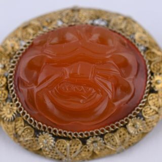 VINTAGE CHINESE STERLING SILVER FILIGREE CARVED CARNELIAN BROOCH PIN 6