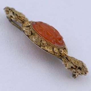 VINTAGE CHINESE STERLING SILVER FILIGREE CARVED CARNELIAN BROOCH PIN 7