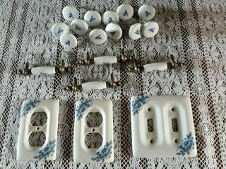 Vtg White Blue Delft Floral Porcelain Cabinet Knobs,  Drawer Pulls,  Switch Covers
