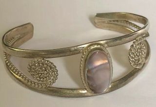 Vintage Alpaca Mexico Pink Mother Of Pearl Silver Tone Cuff Bracelet Small