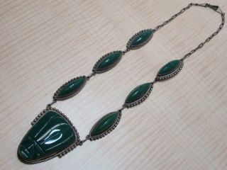 Sterling Silver Jewelry Necklace Vintage Green Carved Stone Links Hook Clasp