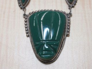 Sterling Silver Jewelry Necklace Vintage Green Carved Stone Links Hook Clasp 3