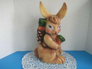 Vtg Paper Mache Pretty Bunny Rabbit Easter Holds Carrots On His Back 12.  5 " Tall