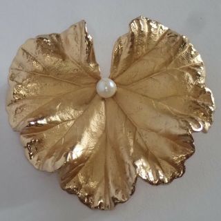 Vintage Napier Gold On Sterling Silver Pearl Leaf Brooch