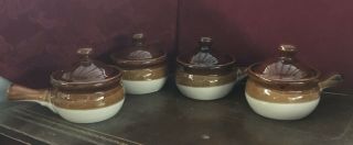 Vintage Set/4 Stoneware French Onion Soup Crocks Bowls Stew Chili Handles Lids