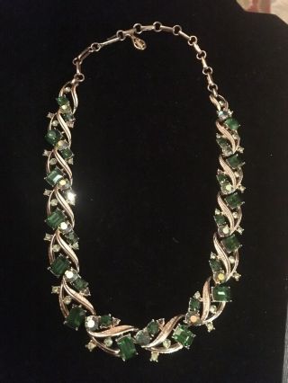 Vintage Coro Necklace Gold Tone Emerald Green Rhinestones