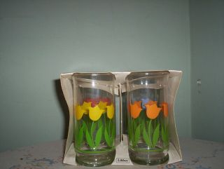 Set Of 4 Vintage Libbey 12 Ounce Beverage Glasses Tumblers W/tulips Flower Print