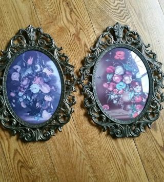 Vtg Italian Floral Print Oval Convex Glass Metal Framed Pair Hanging Pictures