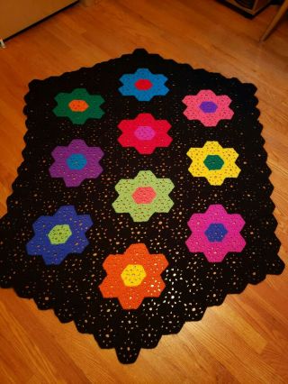 Vintage Hand Crochet Afghan Throw Blanket Size 65 " X45 " Black With Colored Flower